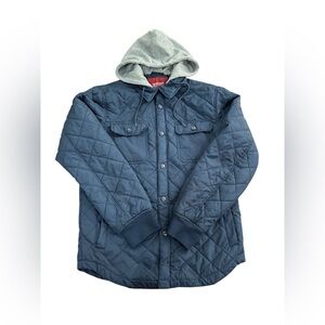 blue jacket with gray hood